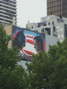 Poster for the upcoming 'Batman vs Superman' film opposite the State Library