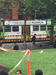 An advertisement for the stage show 'The Book of Mormon' was spotted on the tram passing down Swanston St