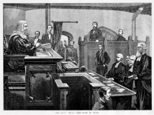 Ned Kelly on Trial in the dock 1880